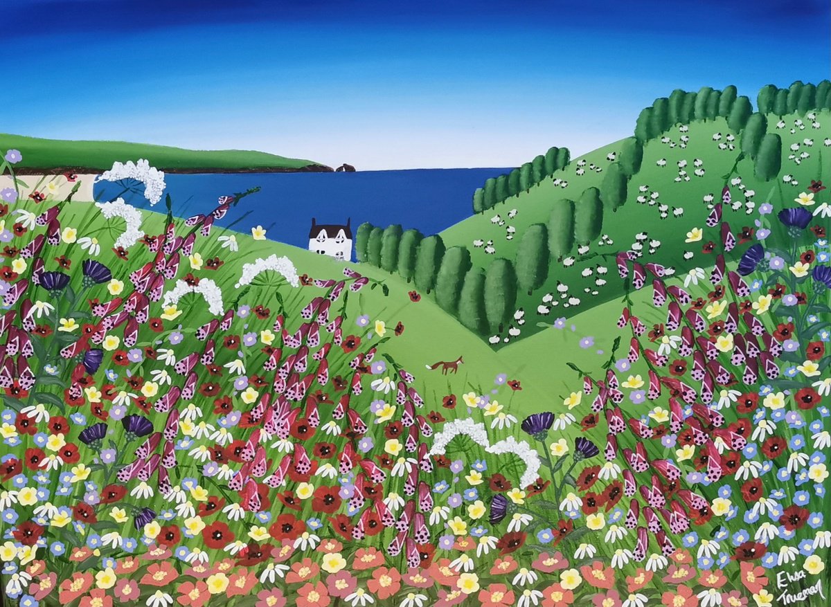 Naive Landscape Acrylic Painting By Elisa Trueman, 24 X 18, The Most Beautiful Day, Original Artwork