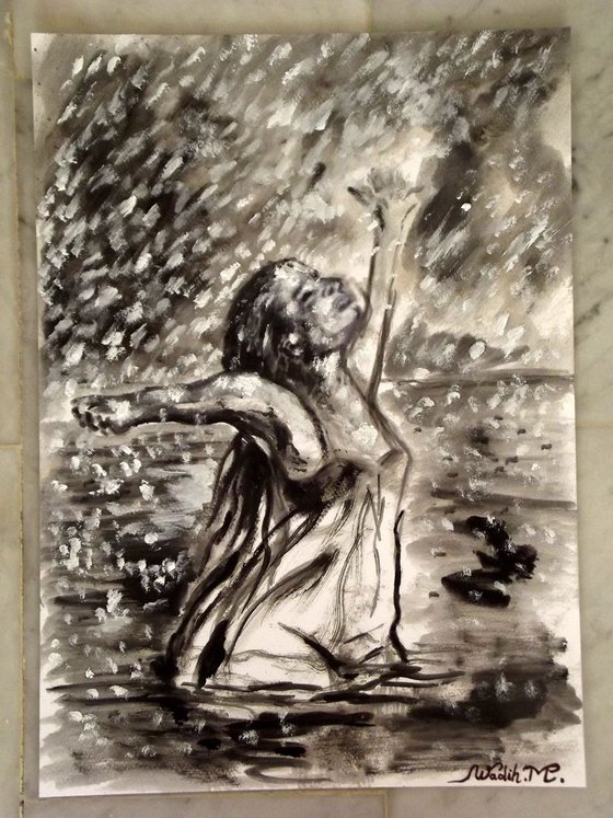 RAINY LAKE GIRL - MISSING THE RAIN - Thick oil painting - 30x42cm