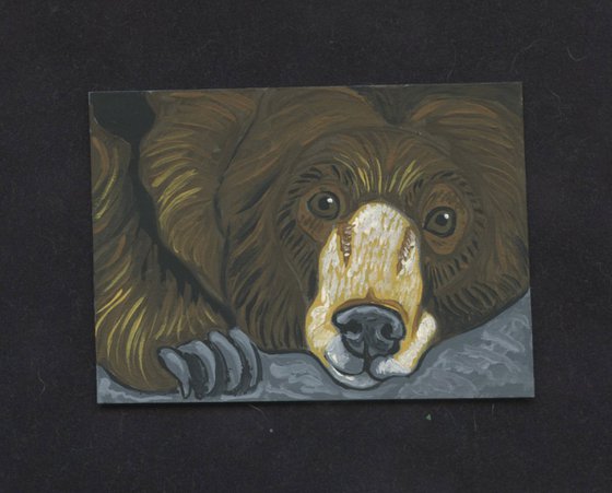 ACEO ATC Original Miniature Painting Brown Bear Wildlife Art-Carla Smale