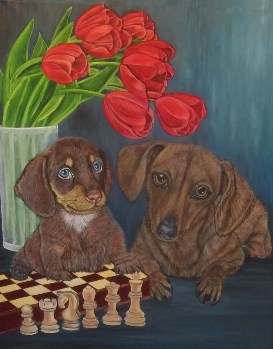Dachshunds and chess by Sofya Mikeworth
