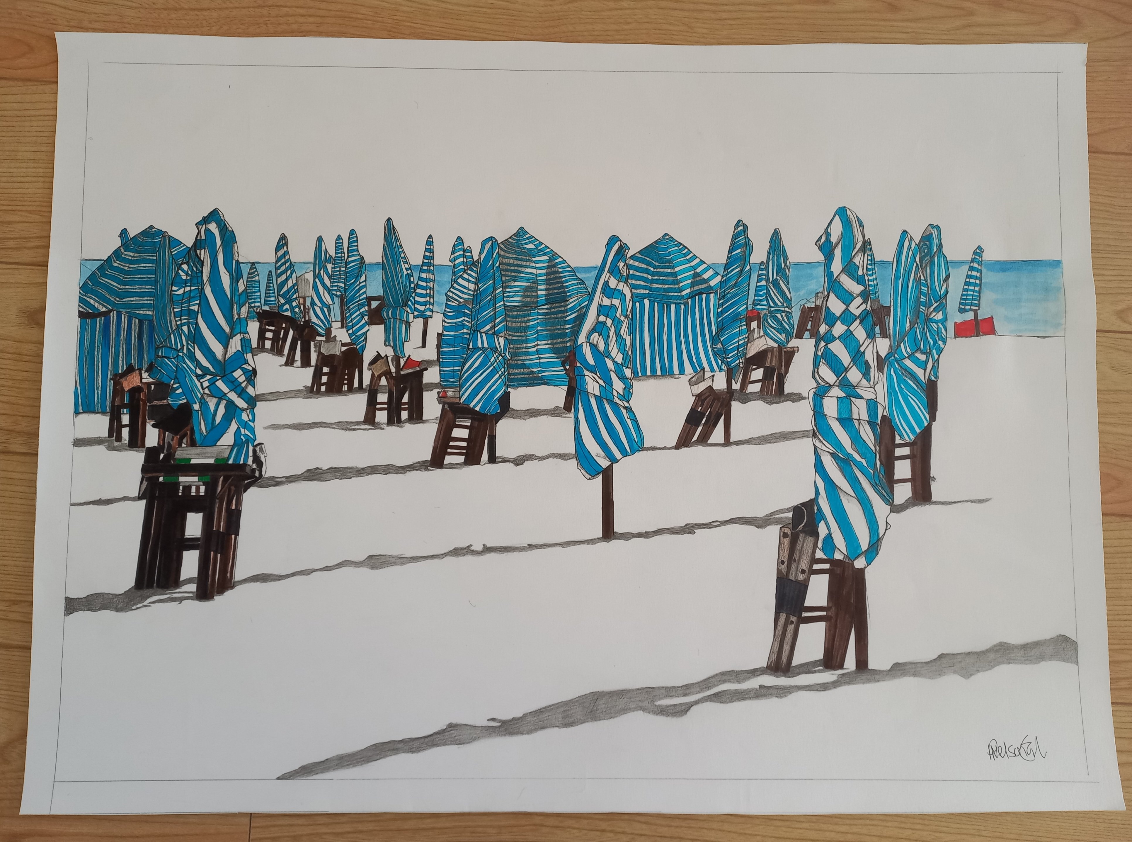 Landscape Pencil Drawing By Paul Nelson-Esch, 29 X 21", Blue Umbrellas, Figueira Da Foz, Portugal, Original Artwork