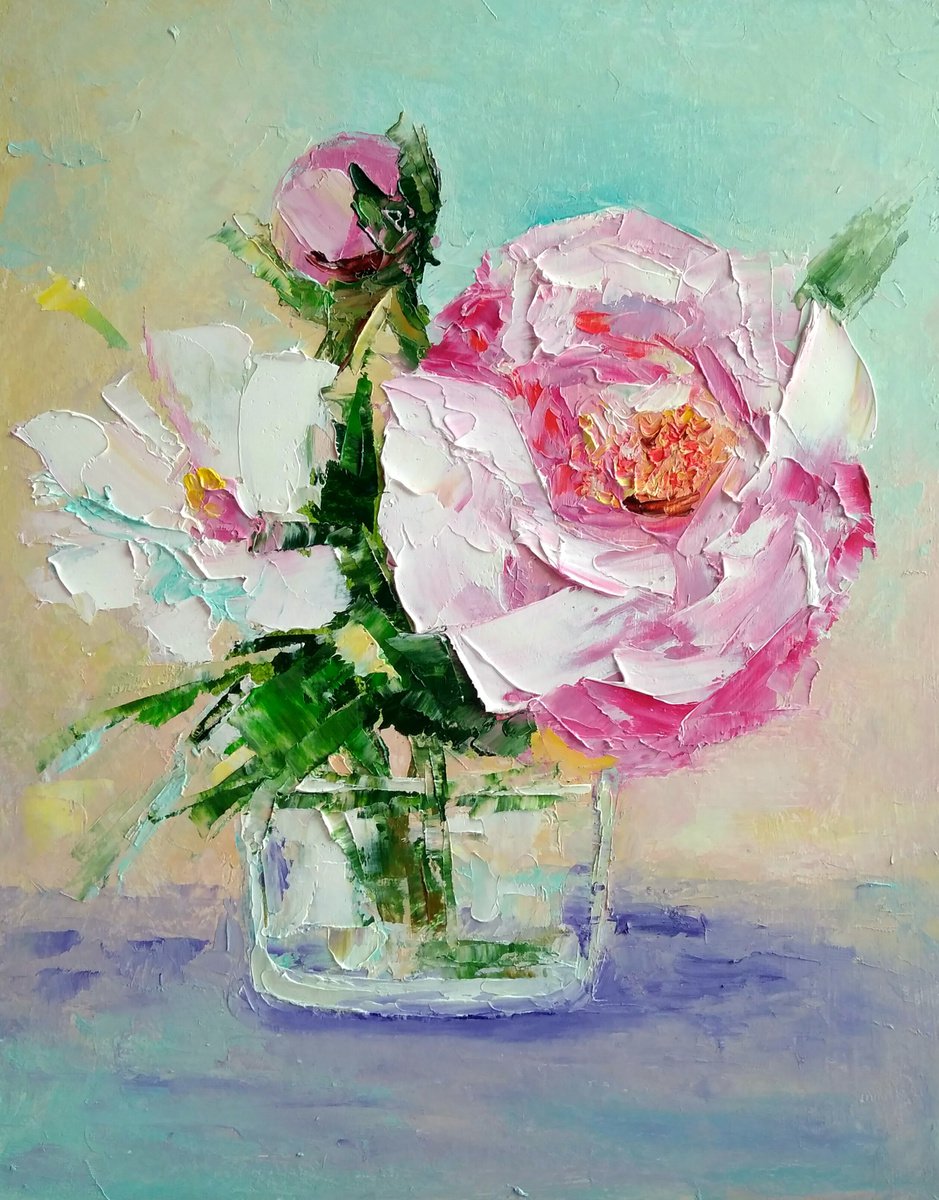 Peonies Painting Original Art Pink Floral Small Artwork Daisy Wall Art by Yulia Berseneva