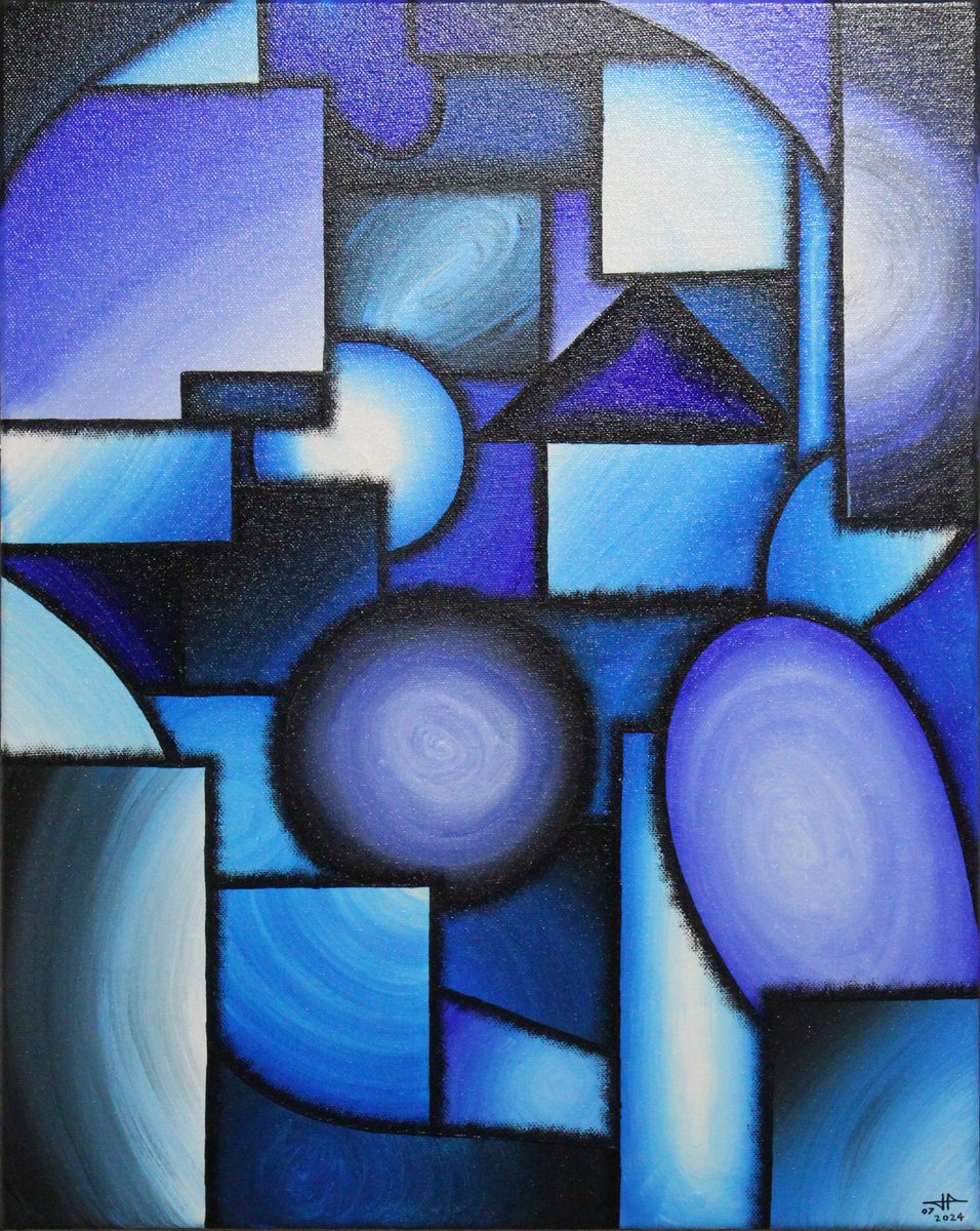 Geometric Abstract Acrylic Painting By Jonathan Pradillon, 16 X 20, Blue Abstractive Shapes, Original Artwork