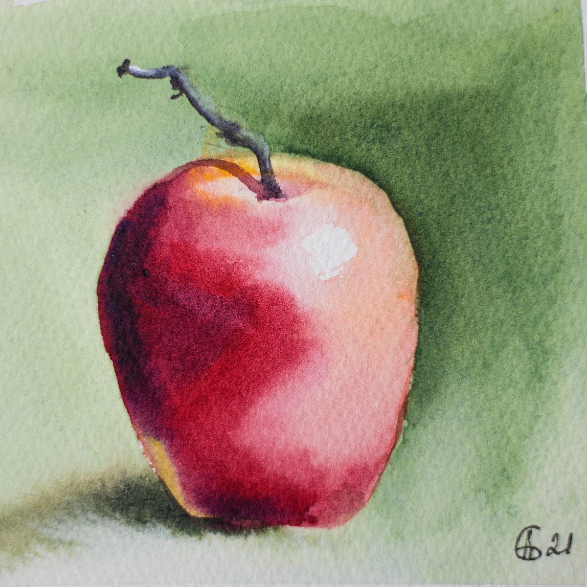 Red apple on green. Home isolation series. Original watercolor painting. Small still life... by Sasha Romm