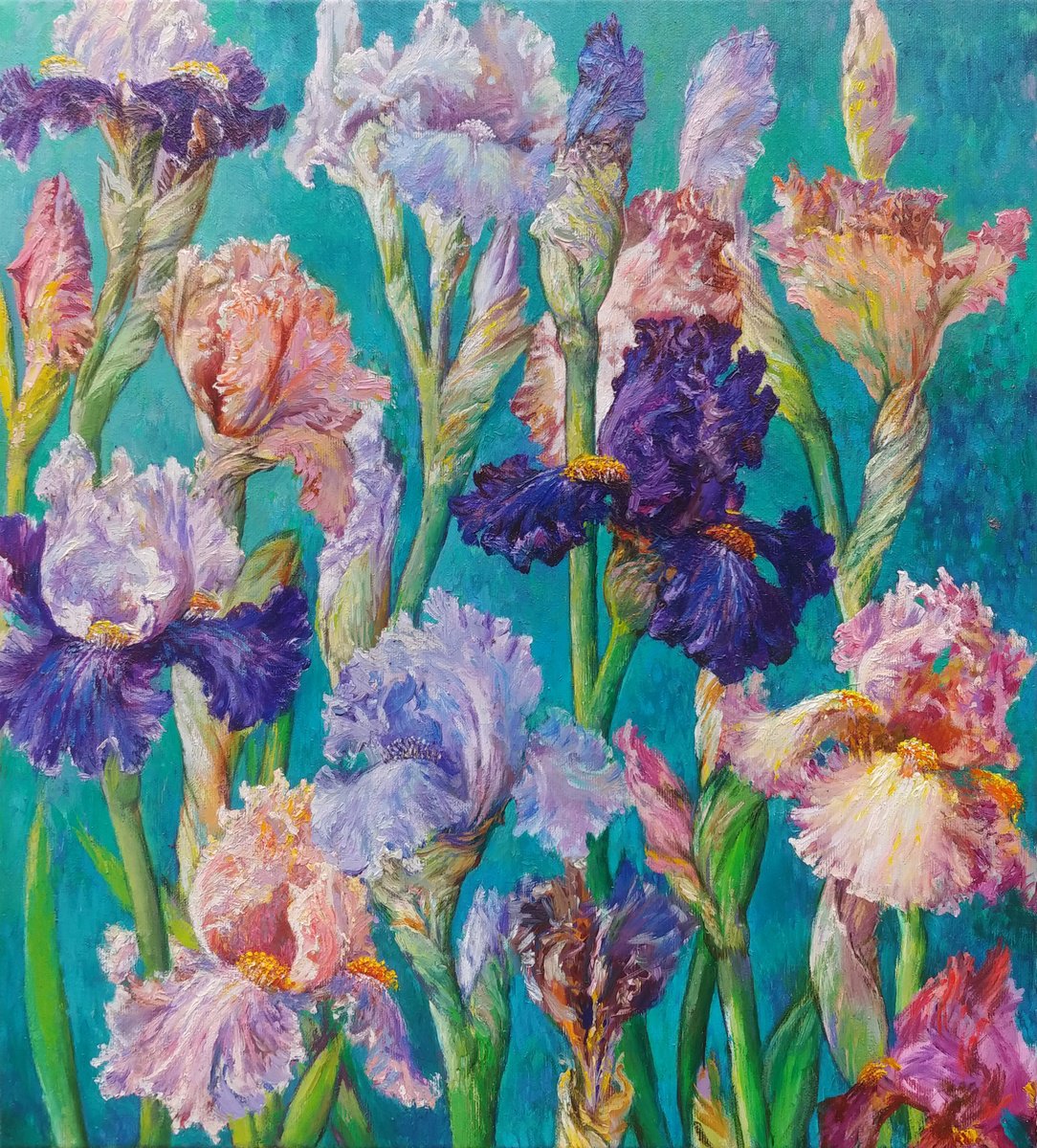 Impressionistic Botanical Oil Painting By Svitlana Koval, 18 X 20", Irises., Original Artwork
