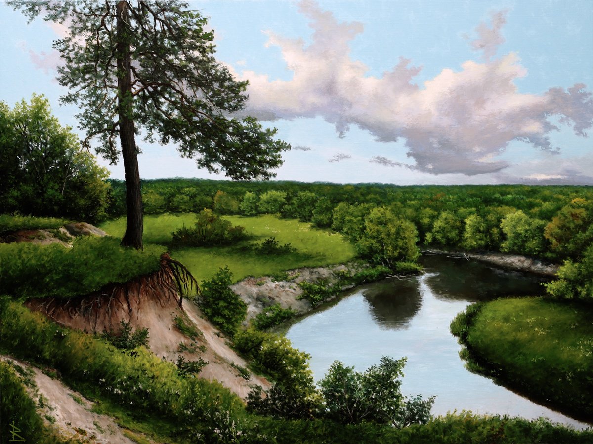 Impressionistic Landscape Oil Painting By Oleg Baulin, 31 X 24", On A Steep Bank, Original Artwork