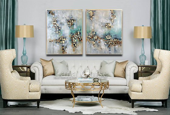 Somewhere New - 64" x 32" Abstract Painting, Set of Two Paintings, Multi Panel Abstract, ORIGINAL Painting, Gold Leaf Painting, Black and Gold, Large Art