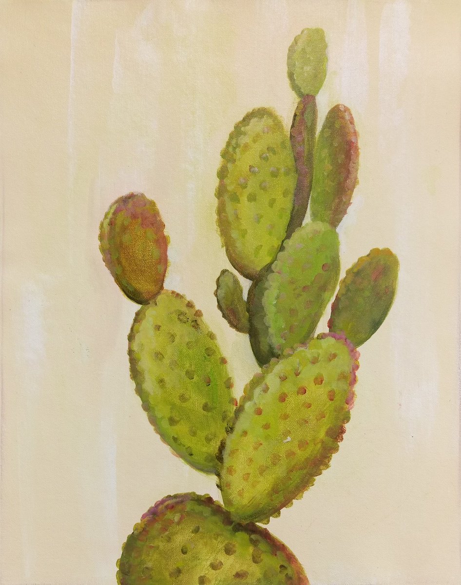 Impressionistic Botanical Acrylic Painting By Silvia Vassileva, 16 X 20", Front Yard Cactus Ii, Original Artwork