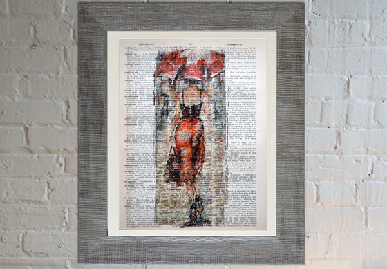 Lady in Red - Collage Art on Large Real English Dictionary Vintage Book Page