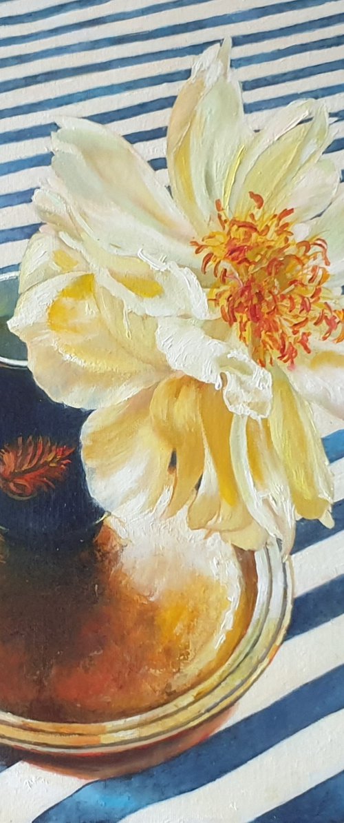 "Chameleon peony in a blue vase." still life peony old vase summer  liGHt original painting  GIFT (2020) by Anna Bessonova (Kotelnik)