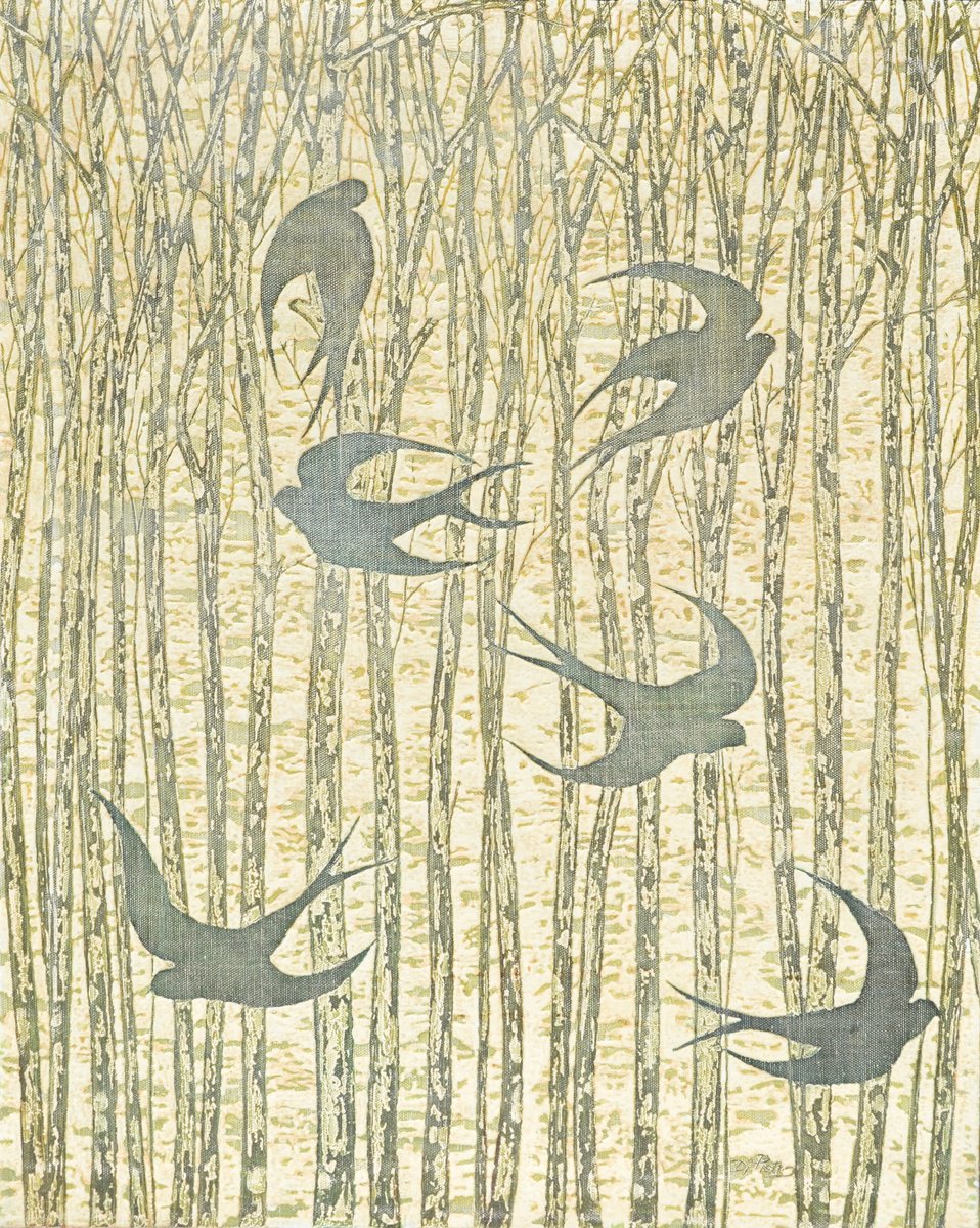 Surrealistic Animal Oil Painting By Bruno Di Pietro, 32 X 40, Swallows In Spring, Original Artwork