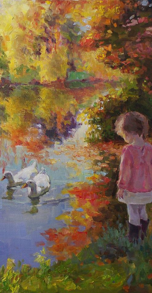 Girl and ducks, golden autumn by Vachagan Manukyan