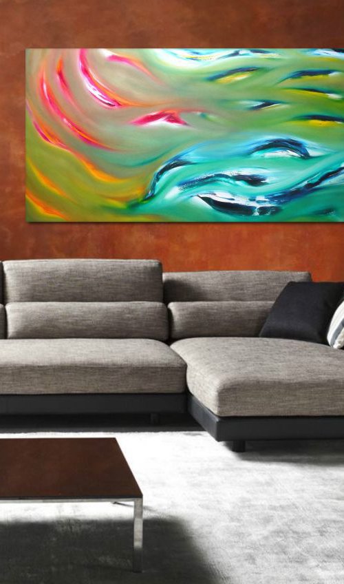 Dolphins - 120x60 cm, Original abstract painting, oil on canvas by Davide De Palma
