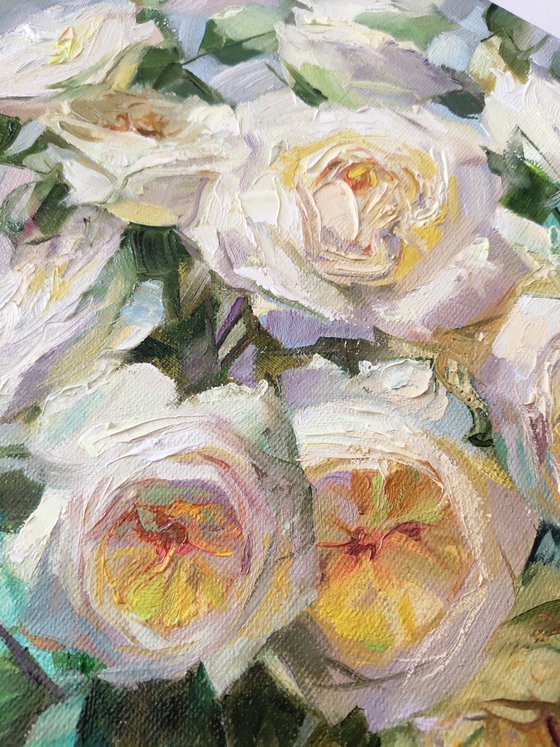 White roses art, Oil painting rose, Impressionist flowers art painting, Rose in glass still life, Anniversary gift for her, Bouquet rose art