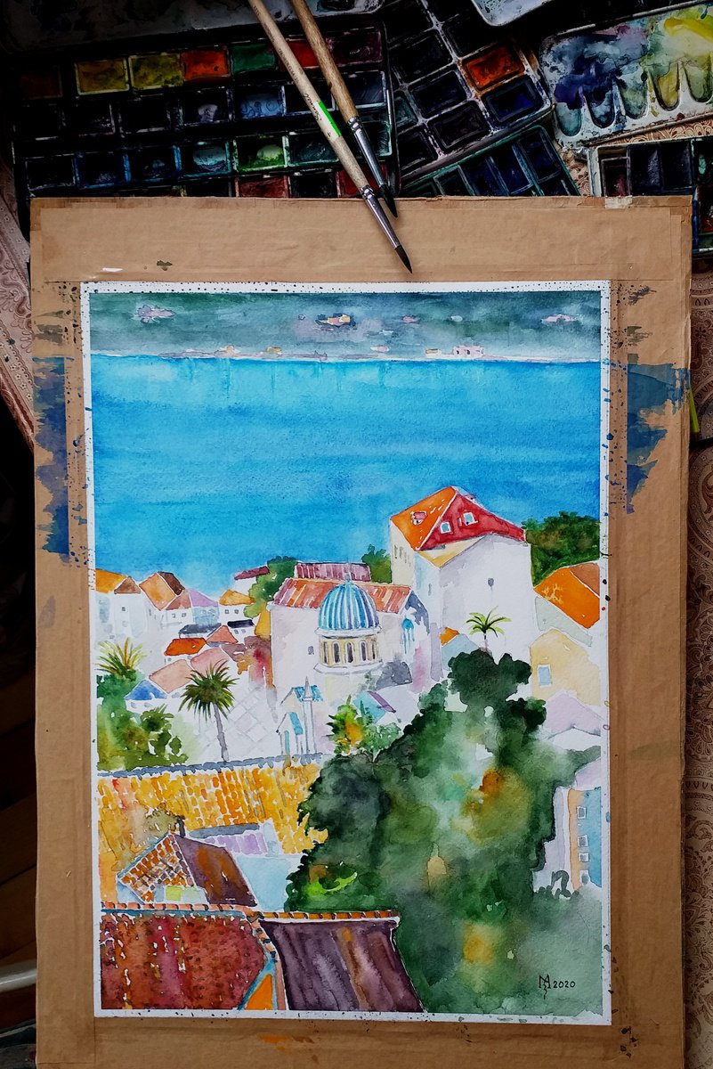 Impressionistic Cityscapes Watercolour By Zoran Mihajlovic Muza, 11 X 16", Mediterranien Blue, Original Artwork