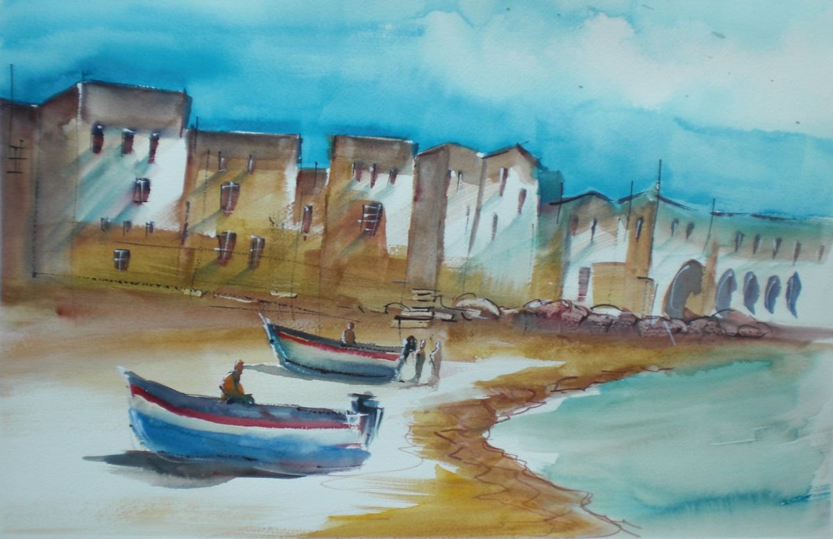 Expressive Landscape Watercolour By Giorgio Gosti, 16 X 11, Boats, Original Artwork