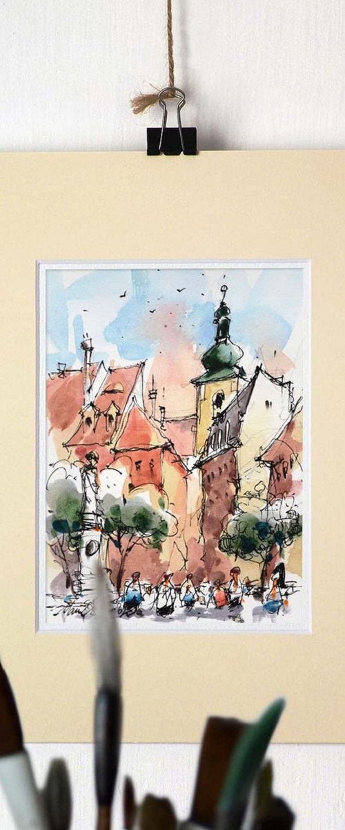 Sibiu, Urban ink and watercolor small painting. by Marin Victor