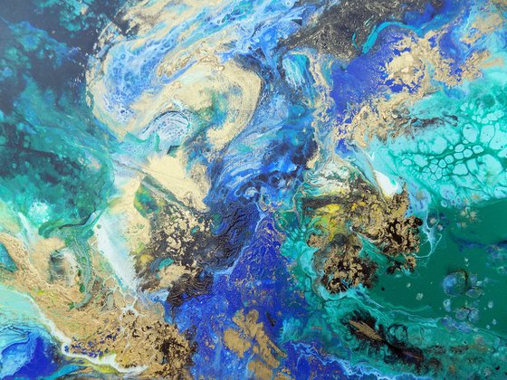 Αbstract painting art blue green gold metallic - Deep river