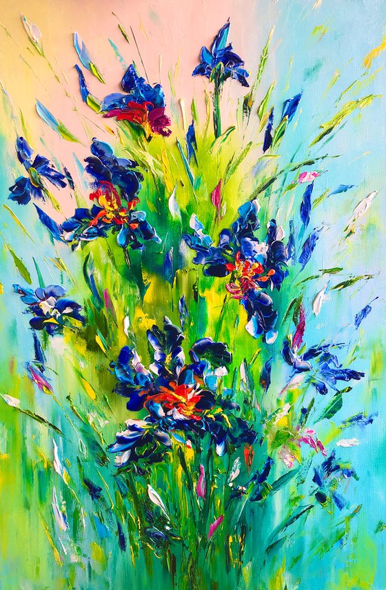 BLUE SALUTE - Irises. Majirel. Azure Irises. Bloom. Flower art. Decor irises. Blue petals. 3d flowers. Very Peri.