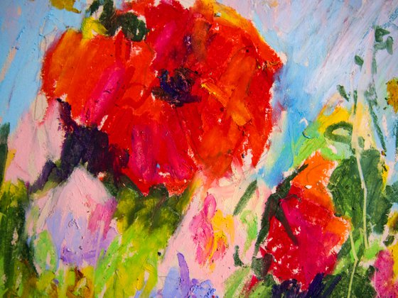Summer field. Home isolation series. Oil pastel painting. Small original impression flowers, colors, interior gift decor provence