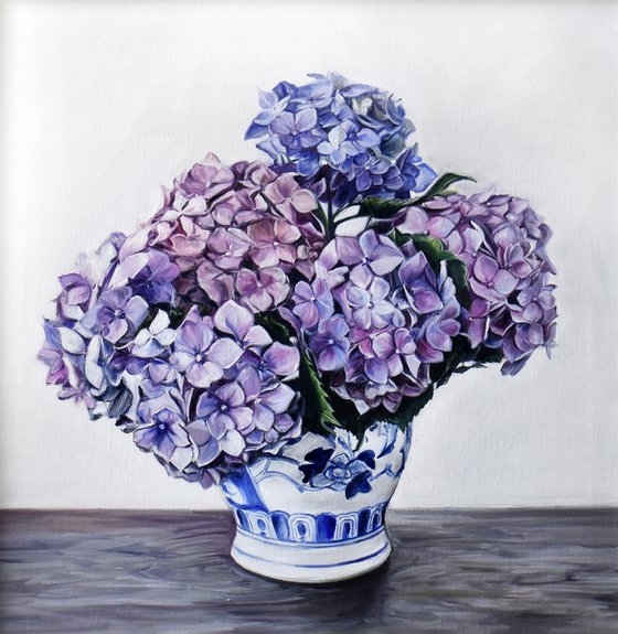 Square oil painting "Hydrangea in a vase" 60 * 60 cm