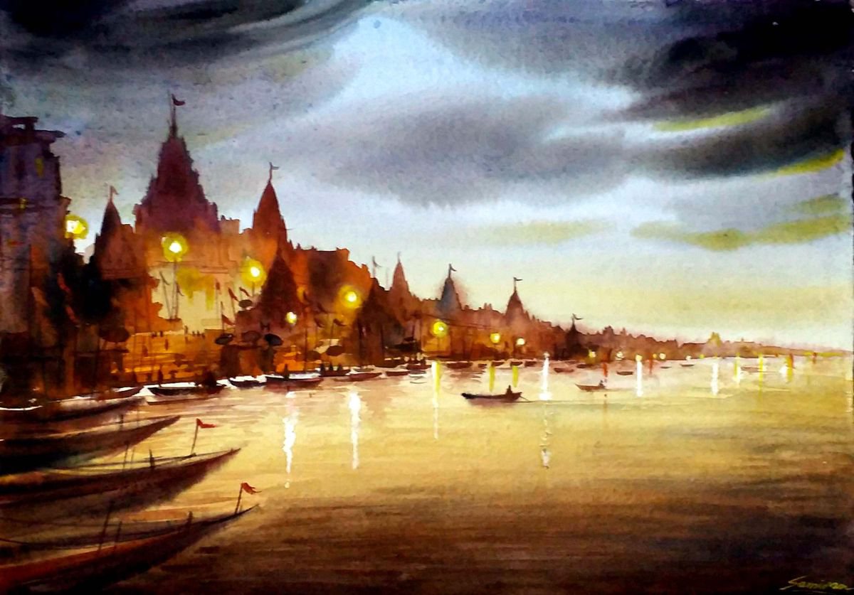 Cloudy Evening Varanasi - Watercolor on Paper by Samiran Sarkar