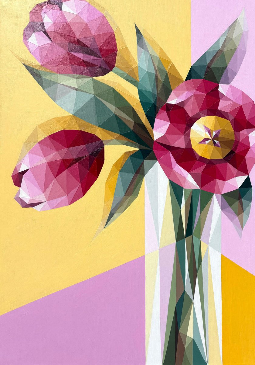 Bouquet Of Pink Tulips In A Vase On Yellow By Maria Tuzhilkina, 20 X 28, Artwork For Sale On Artfinder