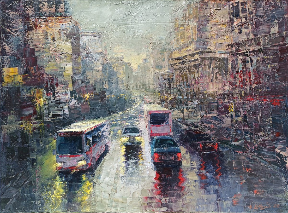 Impressionistic Cityscapes Oil Painting By Kamo Atoyan, 31 X 24", Urban Rhythm In The Rain, Original Artwork