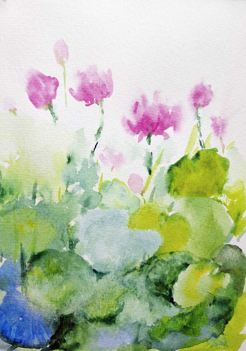 Water lilies 1 Baby Pink Lily pads Dreamy waterlilies watercolours on paper 5.8x8.3 by Asha Shenoy