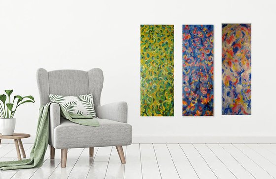 Abstract Triptych  Painting - Imagination Game Abstract Panel - Large Size - Acrylic Painting - Interior Art