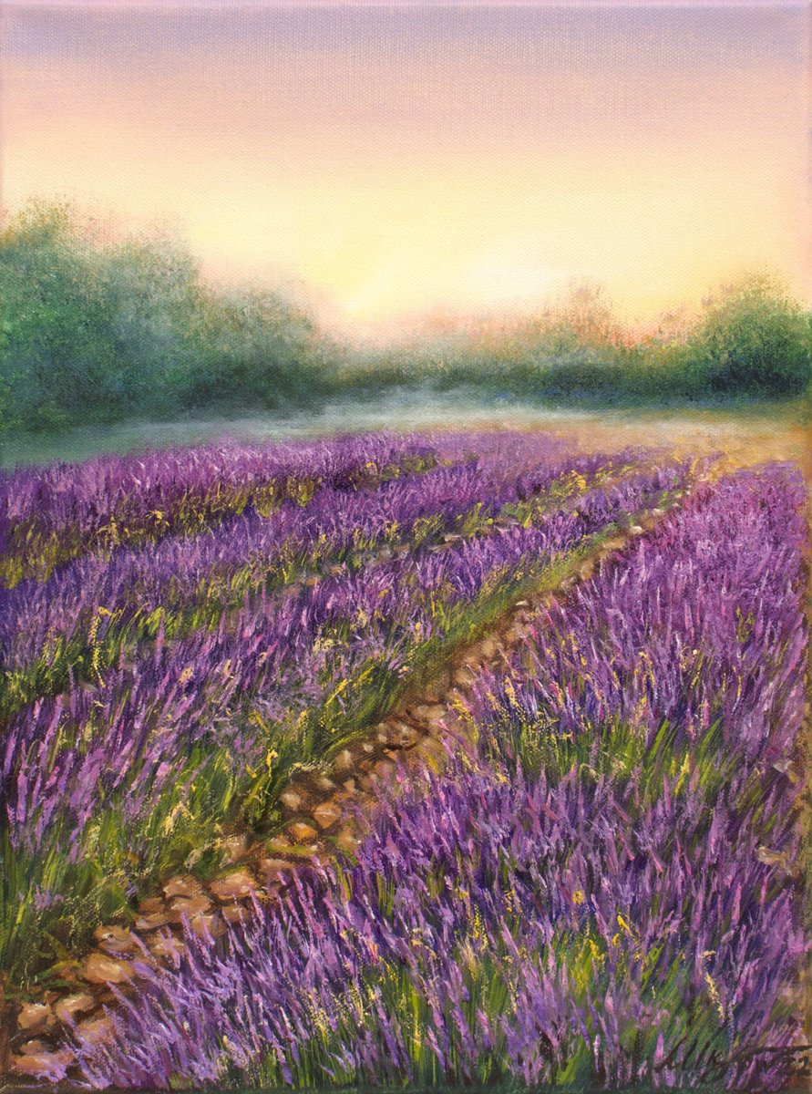 Photorealistic Landscape Oil Painting By Ludmilla Ukrow, 12 X 16", Purple Meadow, Original Artwork