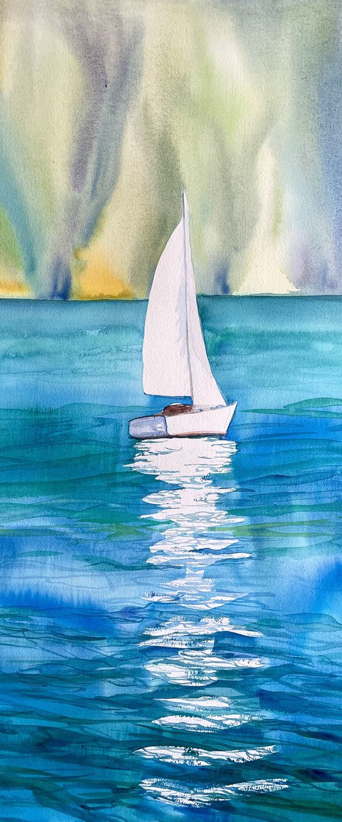 Ship Original Watercolor Painting, Large Switzerland Landscape Artwork, Boat Wall Art, Water Picture by Kate Grishakova