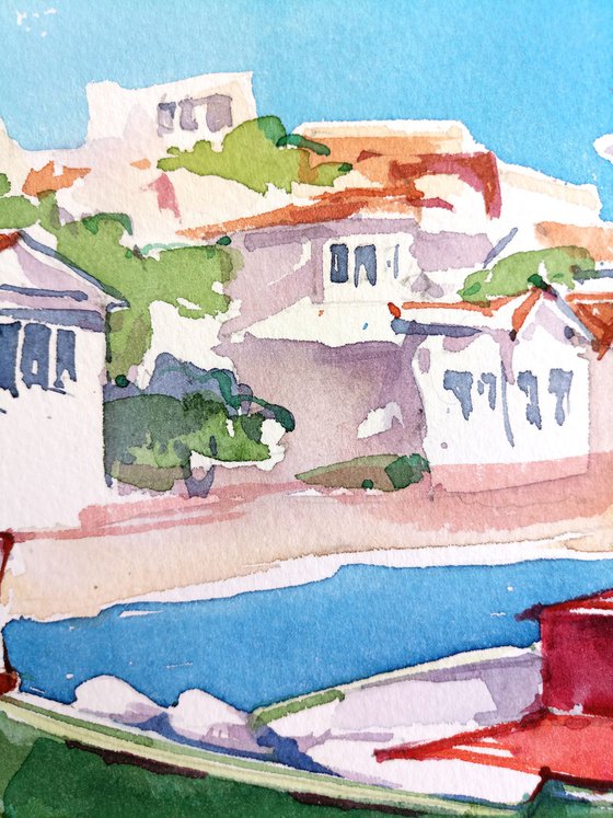 Bright summer landscape "Moored boat off the coast of a Greek city" original watercolor painting