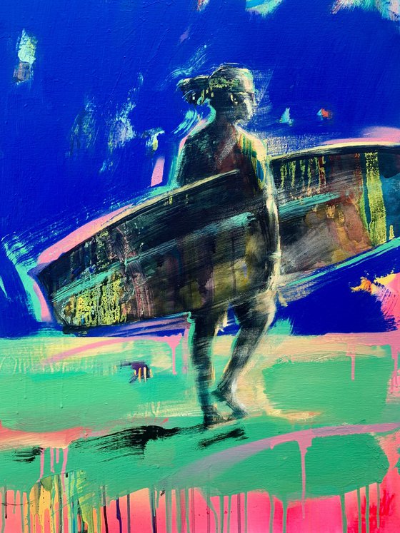 Bright seascape - "SURF" - Pop Art - Urban Art - Surfer - Sunset - Ocean beach - Surfing - Blue&Green