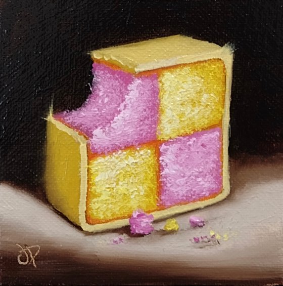 Little Battenberg cake slice still life