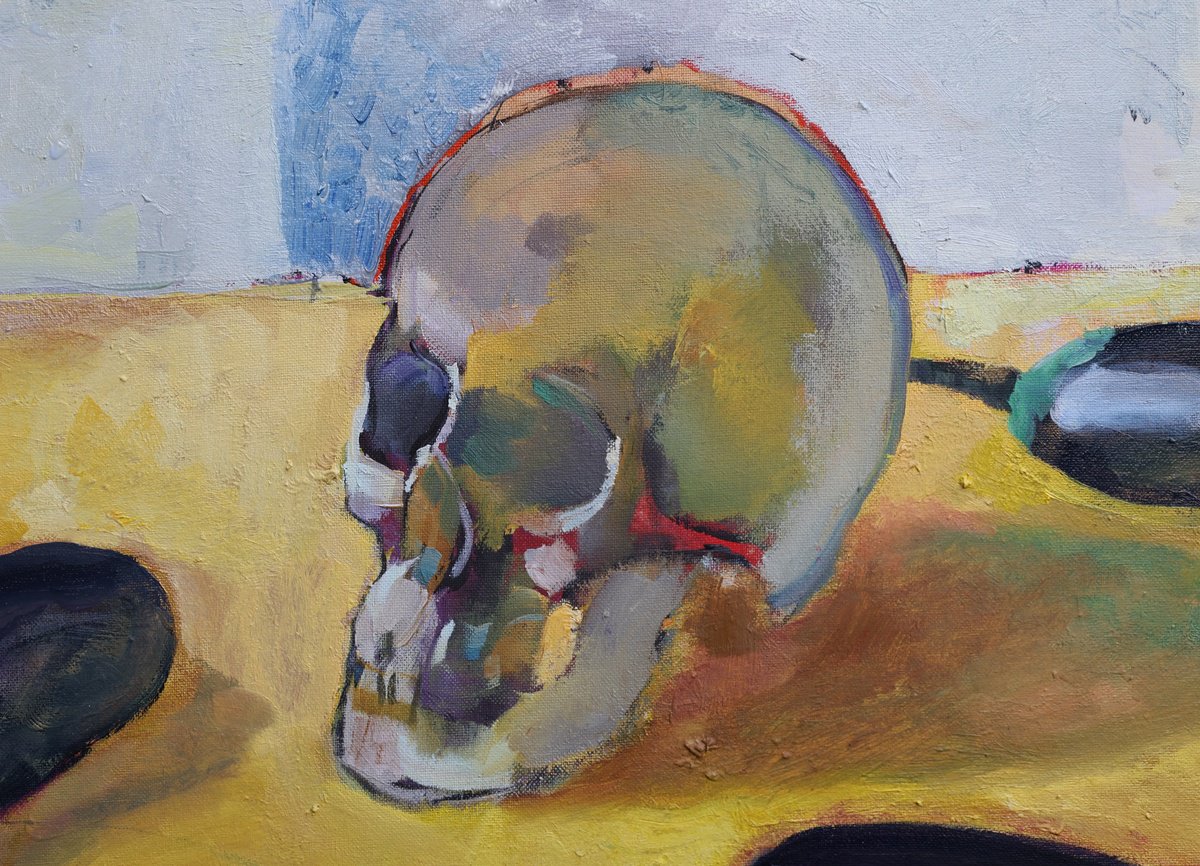 Expressive Still Life Oil Painting By Artem Andreichuk, 31 X 30, Skull And Eggplant, Original Artwork