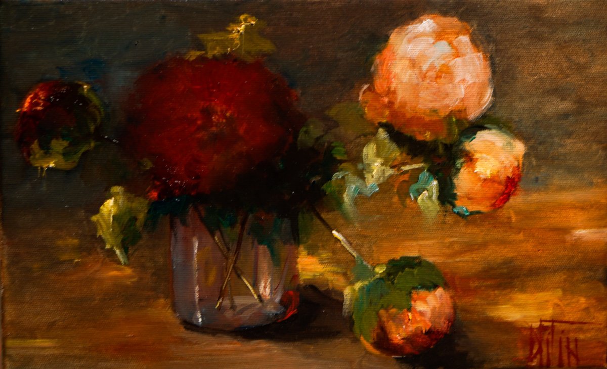 Impressionistic Still Life Oil Painting By Pavel Filin, 16 X 10", Peonies, Original Artwork