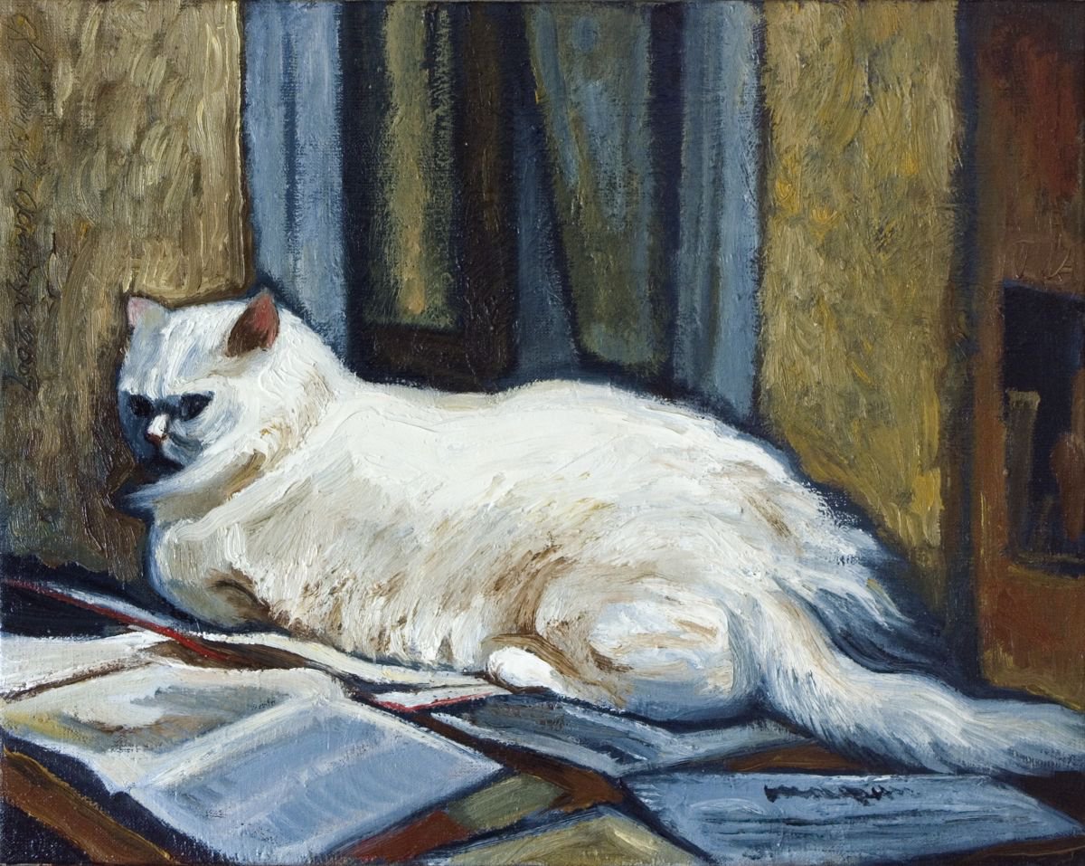 Cat on the table by Olena Kamenetska-Ostapchuk
