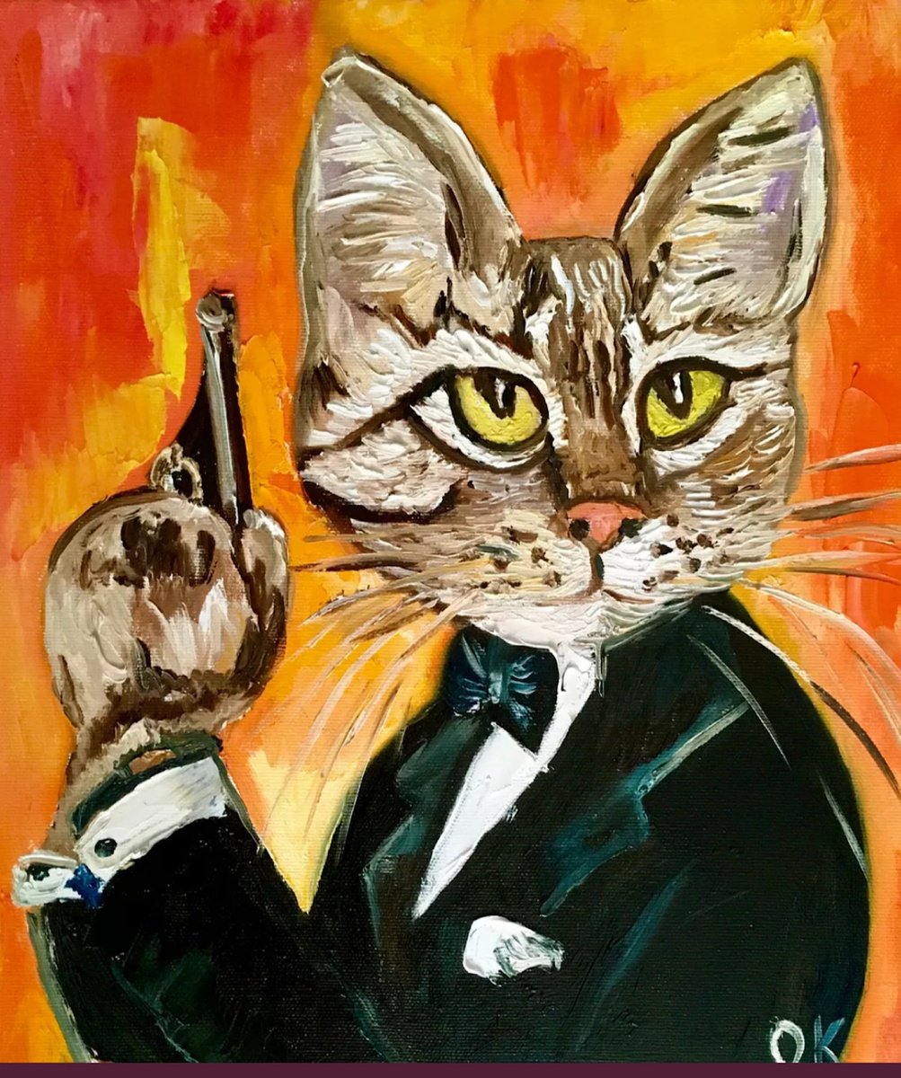 Impressionistic Animal Oil Painting By Olga Koval, 16 X 18", Troy The Cat, Fisherman, Original Artwork