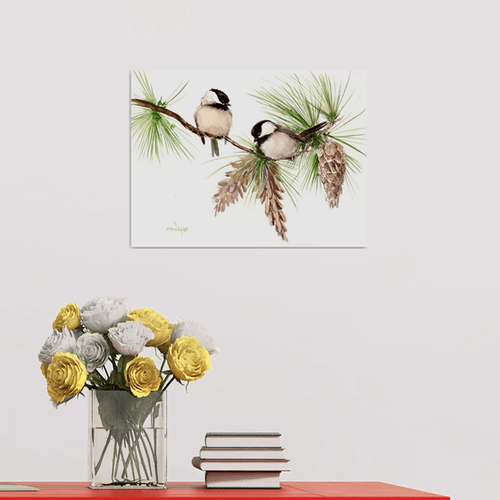 Chickadees on the Pine Tree