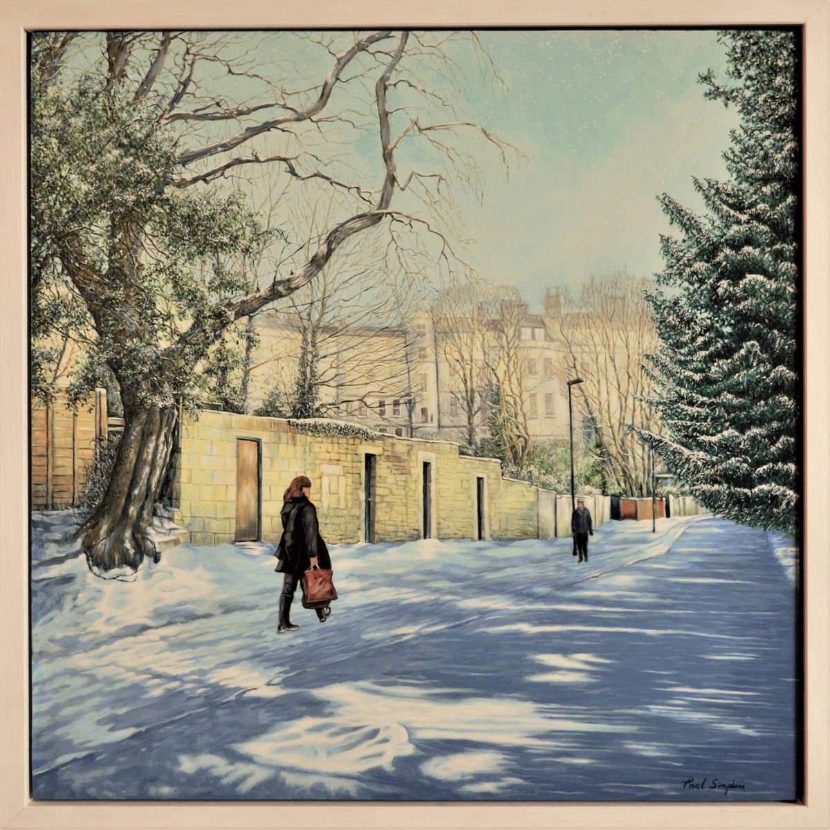 Landscape Oil Painting By Paul Simpkins, 13 X 13", Snowy Morning In Bath, Original Artwork