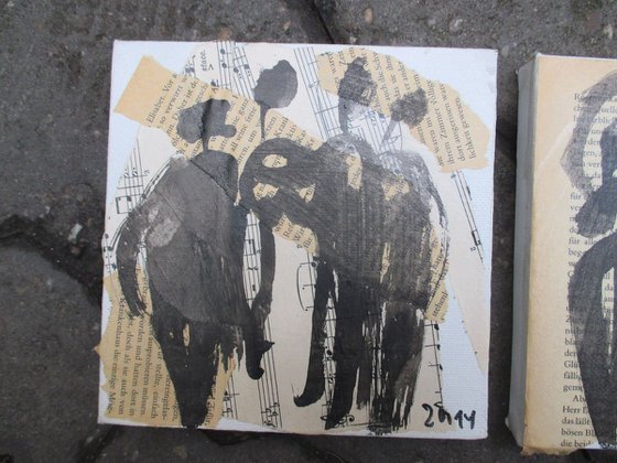 3 girls black and white on canvas collage mixed media 6 x 17,7 inch