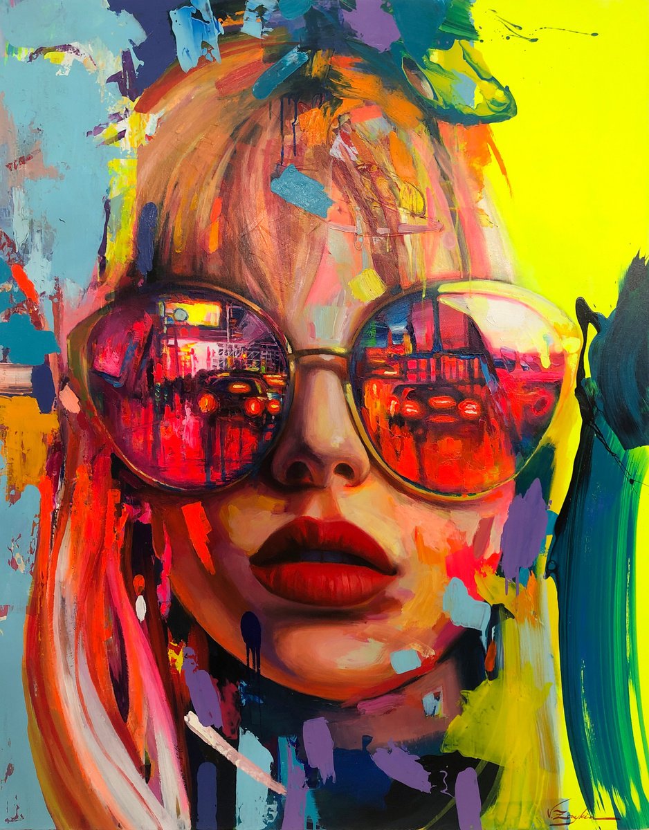 Urban And Pop Portrait Acrylic Painting By Viacheslav Zaykin, 47 X 59", Reflections Of New York | Cityscape Art, Artfinder