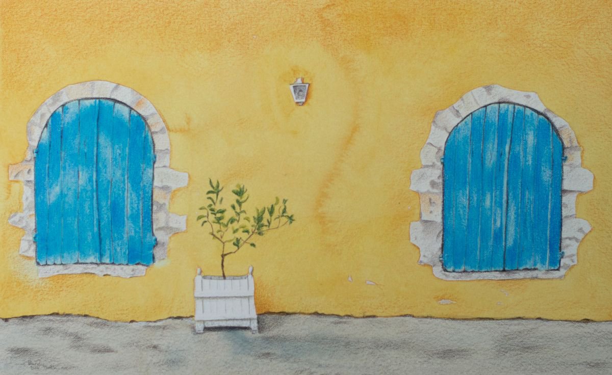 Blue Havana Shutters - Rustic windows on a bright yellow washed wall in Cuba by Wendy Booth