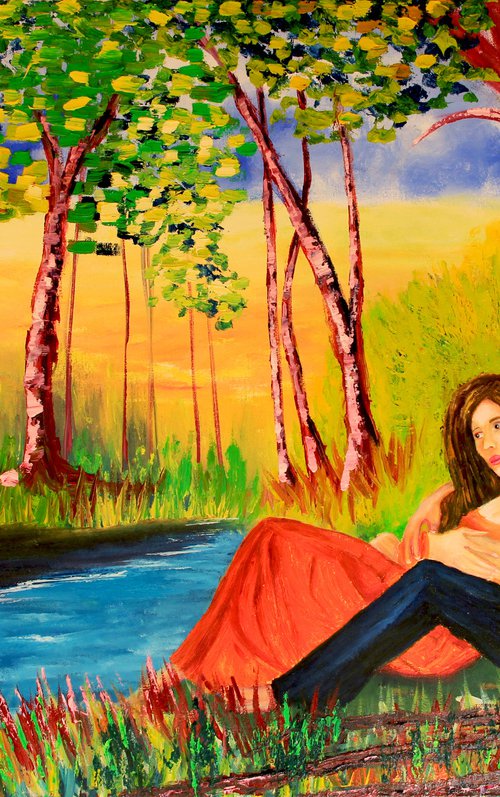 lovers by the river painting impressionist original by Olya Shevel