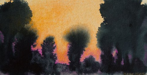 Trees in the evening - watercolor ideal gift affordable low price original art deco design by Fabienne Monestier