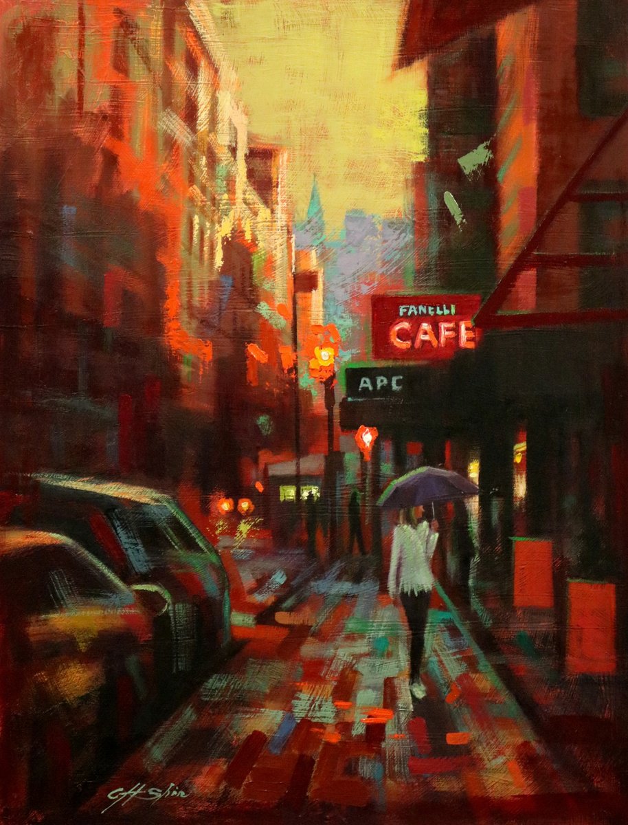Expressive Cityscapes Oil Painting By Chin H Shin, 24 X 32, One Afternoon At Fanelli, Original Artwork