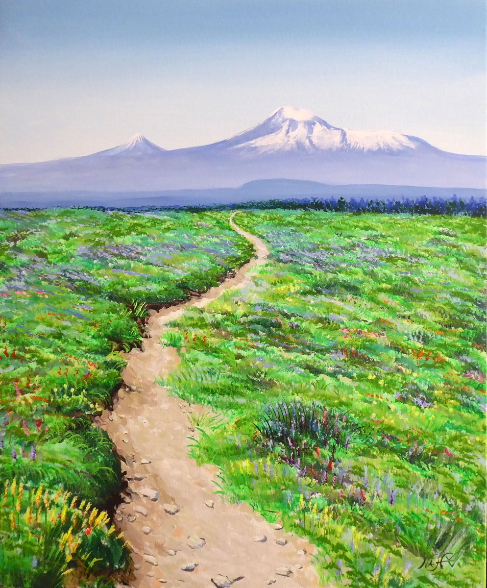 Impressionistic Landscape Acrylic Painting By Narek Hambardzumyan, 24 X 29", Country Nairi, Original Artwork