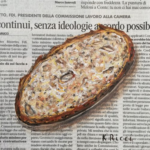 "Bread on Newspaper" Original Oil on Canvas Board Painting 6 by 6 inches (15x15 cm) by Katia Ricci