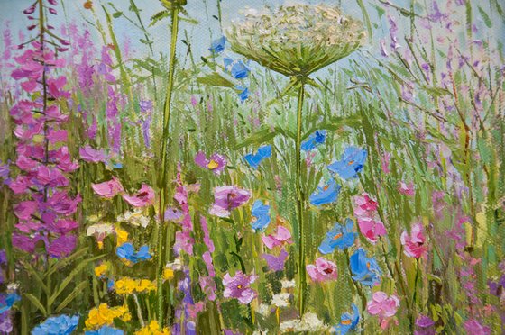 Blooming meadow. Oil painting. Original Art.